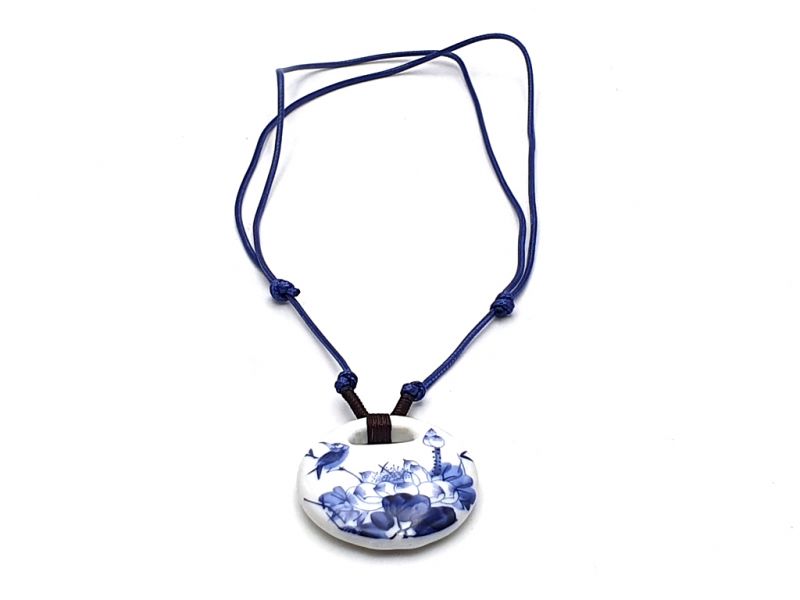 Bijoux Céramique - Collection Blanc Bleu - Collier - Chine - Oiseau et Lotus 3