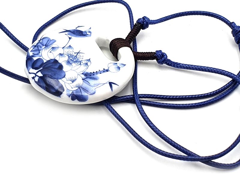 Bijoux Céramique - Collection Blanc Bleu - Collier - Chine - Oiseau et Lotus 4