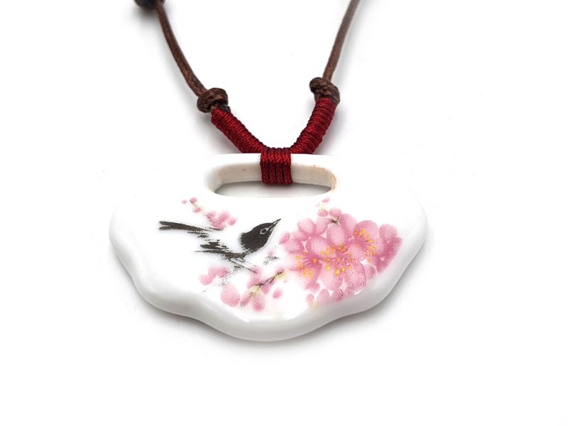 Bijoux Céramique - Collection fleurs de Chine - Collier - Oiseau sur un cerisier 4