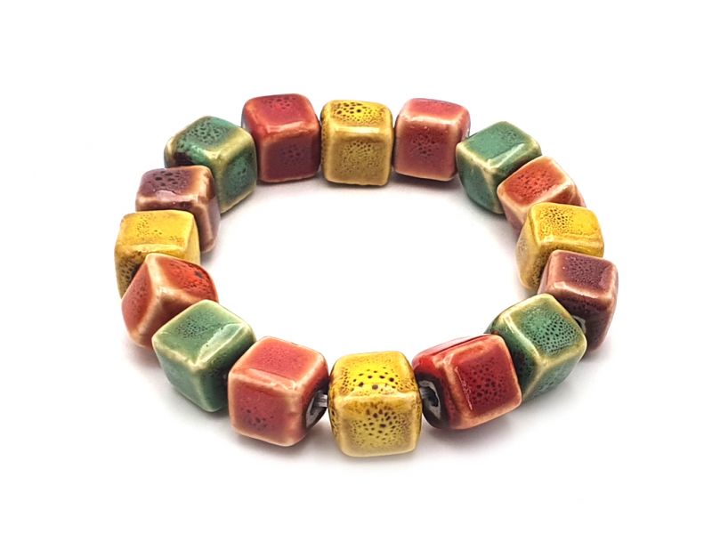 Bijoux en Céramique / Porcelaine - Petit Bracelet - Perles carrées multicolores 2