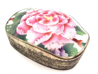 Boite Asiatique Métal et Porcelaine Pivoine