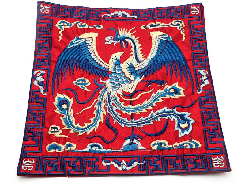 Bordado Chino - Cuadrado Ancestro - Emblema - Rojo brillante - Phoenix 1