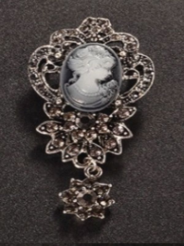 Broche Camée Bleu Pendentif Fleurs Strass