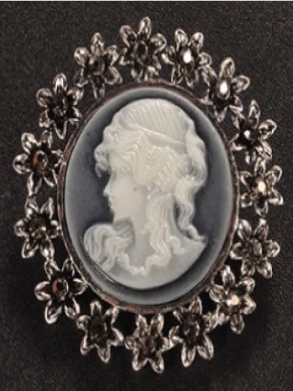 Broche Camée Bleu Ronde Couronne de Fleurs Argent