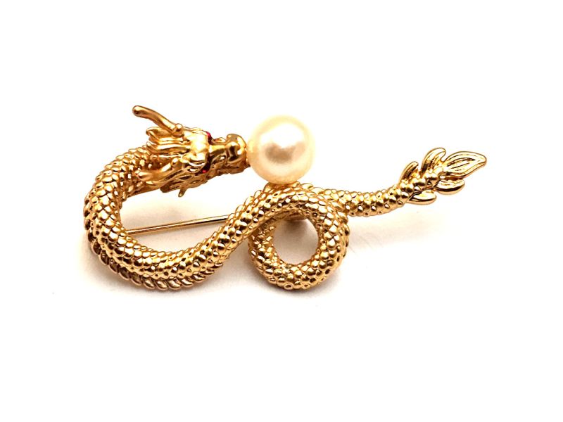 Broche chinoise en émail - Cloisonnée - Dragon doré et perle de sagesse