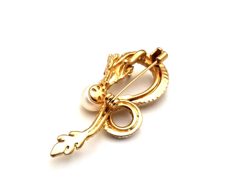 Cliquez sur la vignette pour agrandir et survolez la photo pour zoomer Broche chinoise en émail - Cloisonnée - Dragon doré et perle de sagesse 3