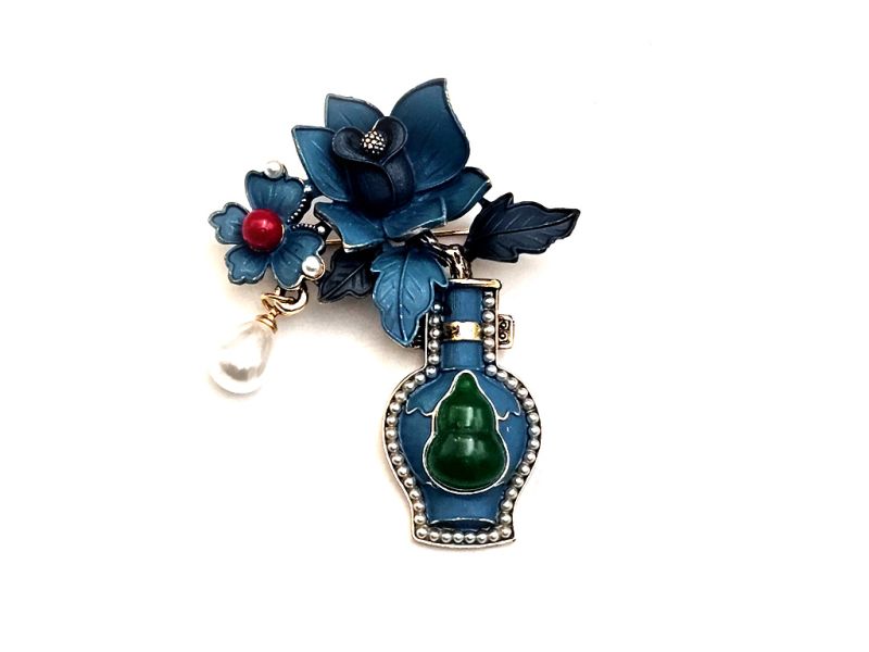 Broche chinoise en émail - Cloisonnée - Fleur bleue et gourde de longévité