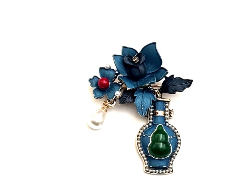 Cliquez sur la vignette pour agrandir et survolez la photo pour zoomer Broche chinoise en émail - Cloisonnée - Fleur bleue et gourde de longévité 2