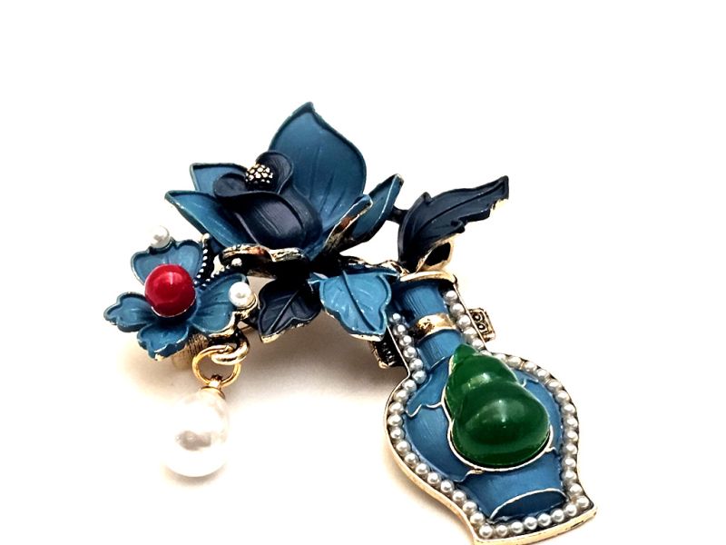 Cliquez sur la vignette pour agrandir et survolez la photo pour zoomer Broche chinoise en émail - Cloisonnée - Fleur bleue et gourde de longévité 3