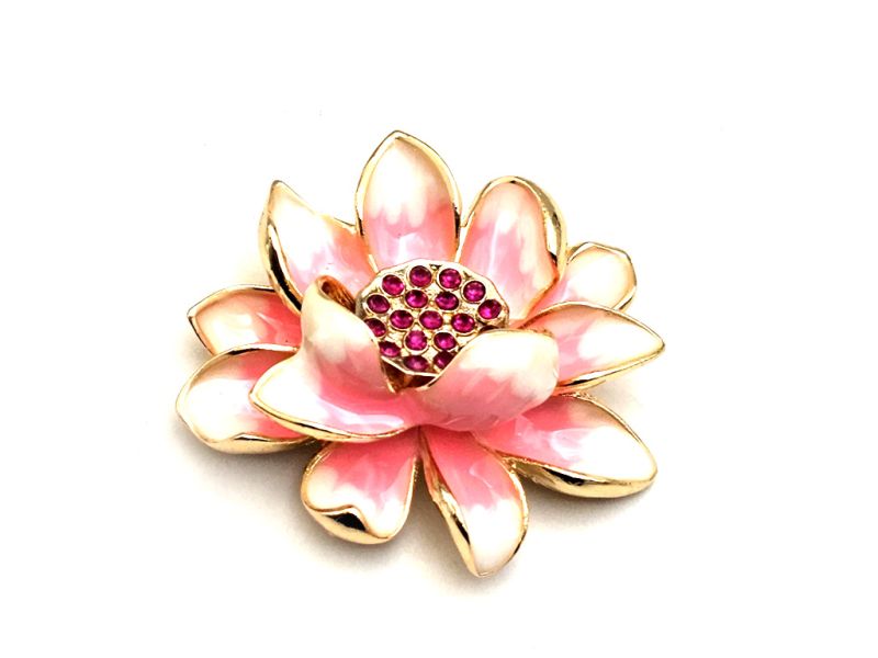 Broche chinoise en émail - Cloisonnée - Fleur de lotus rose symbole d’harmonie