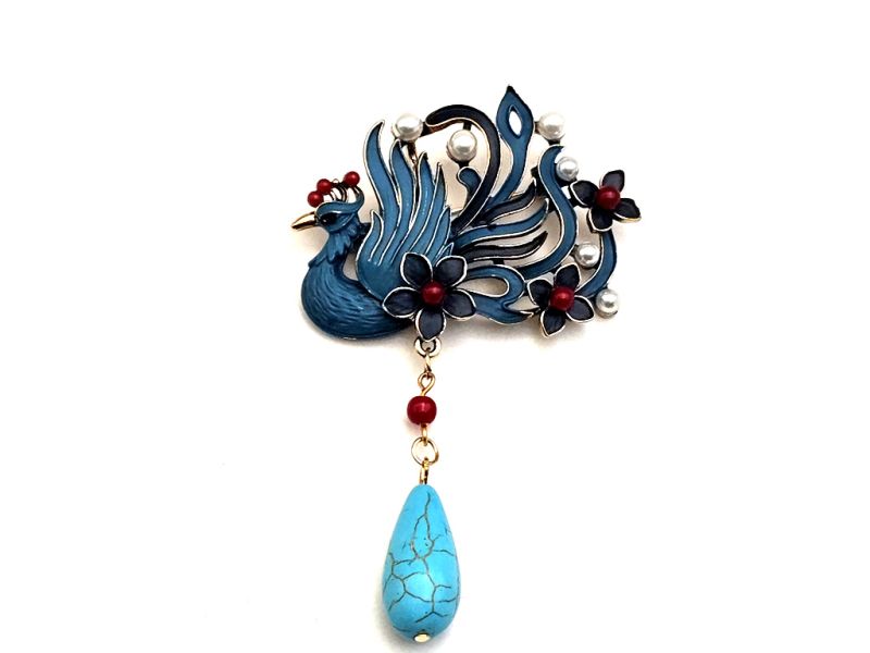 Broche chinoise en émail - Cloisonnée - Phénix impérial et perle turquoise