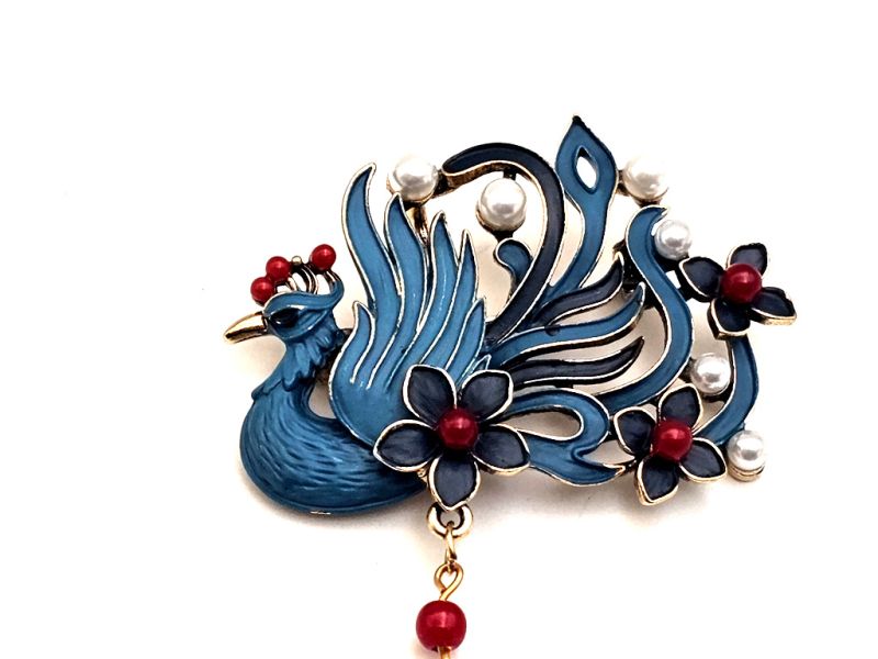 Cliquez sur la vignette pour agrandir et survolez la photo pour zoomer Broche chinoise en émail - Cloisonnée - Phénix impérial et perle turquoise 2