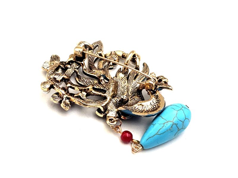 Cliquez sur la vignette pour agrandir et survolez la photo pour zoomer Broche chinoise en émail - Cloisonnée - Phénix impérial et perle turquoise 3
