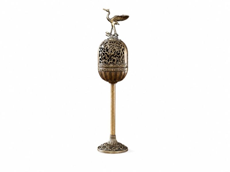 Brûle-encens Chinois sur Pied - Grue et Motifs Floraux