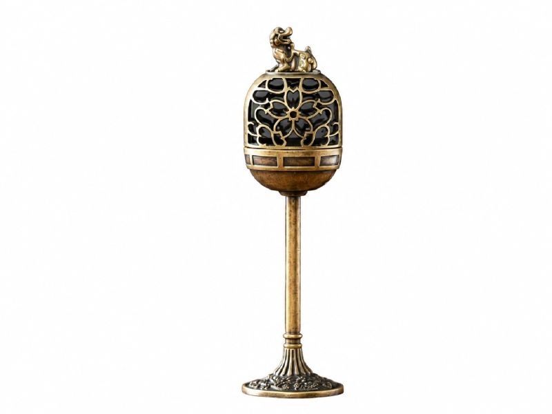 Brûle-encens Chinois sur Pied - Lion Gardien et Motifs Floraux