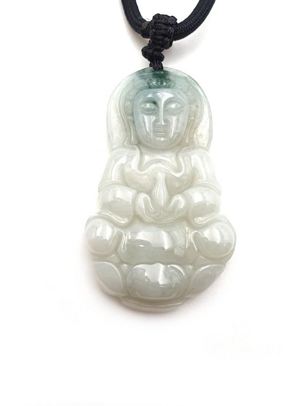 Buddhistischer Anhänger - Echte Jade - Kategorie A - Buddha - Durchscheinend grün und weiß 2