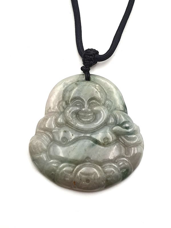 Buddhistischer Anhänger - Echte Jade - Kategorie A - Großer lachender Buddha - lichtdurchlässiges Grün 2