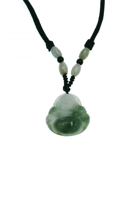 Buddhistischer Anhänger - Echte Jade - Kategorie A - Lachender Buddha - Grün und Weiß 2