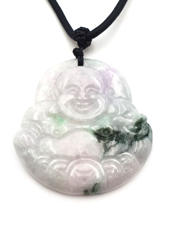 Buddhistischer Anhänger - Echte Jade - Kategorie A - Lachender Buddha, weiß getupft 2