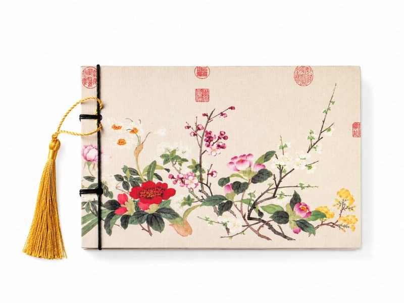 Cahier pour la calligraphie - Papier de riz - Fleurs traditionnelles chinoises - Ivoire