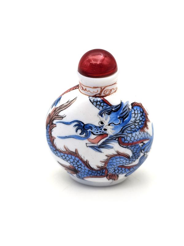 Caja de rapé china (Antigüedad 20 años) - Vidrio soplado - Dragón azul y rojo 1