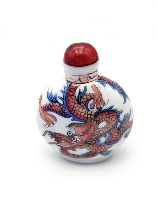 Caja de rapé china (Antigüedad 20 años) - Vidrio soplado - Dragón azul y rojo 2