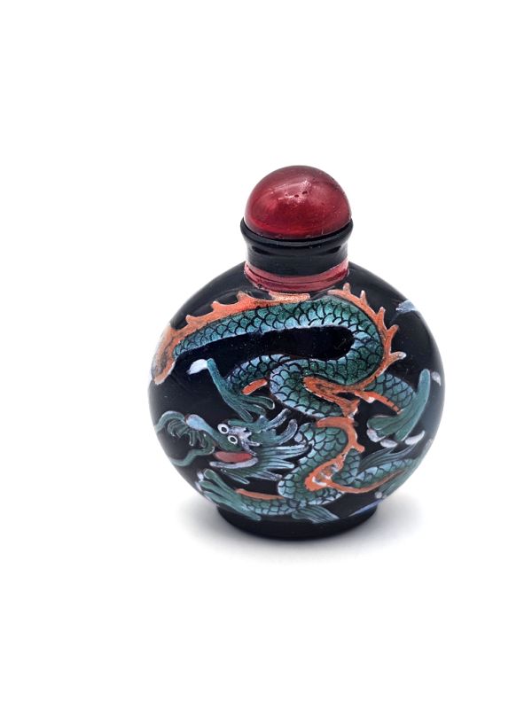 Caja de rapé china (Antigüedad 20 años) - Vidrio soplado - Dragón - Negro 2