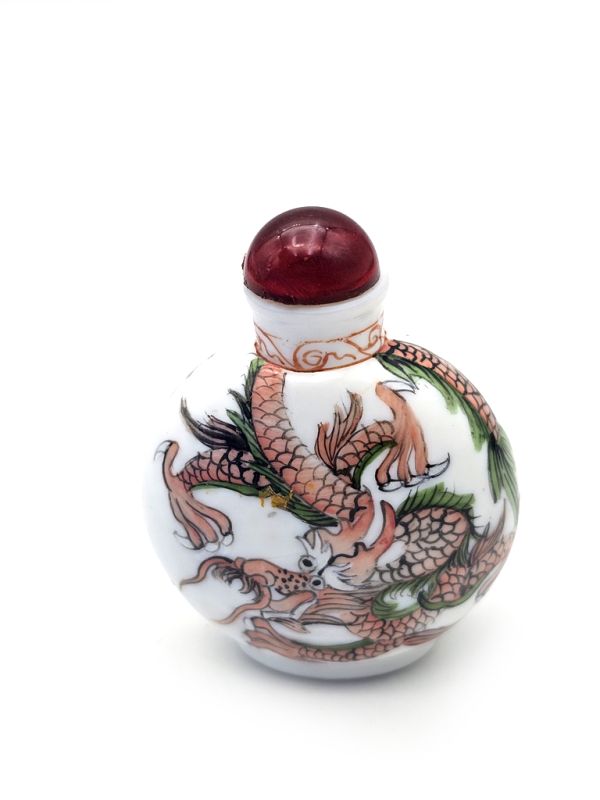 Caja de rapé china (Antigüedad 20 años) - Vidrio soplado - Dragón - verde y rojo 2