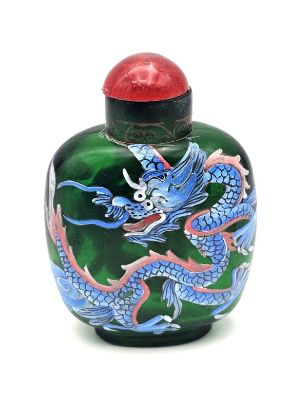 Caja de rapé china (Antigüedad 20 años) - Vidrio soplado - Gran Dragón - Verde 1