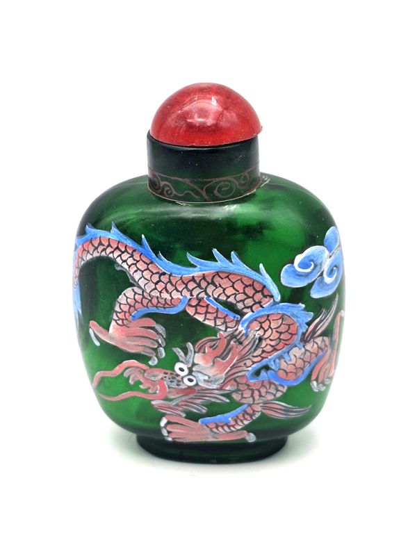 Caja de rapé china (Antigüedad 20 años) - Vidrio soplado - Gran Dragón - Verde 2