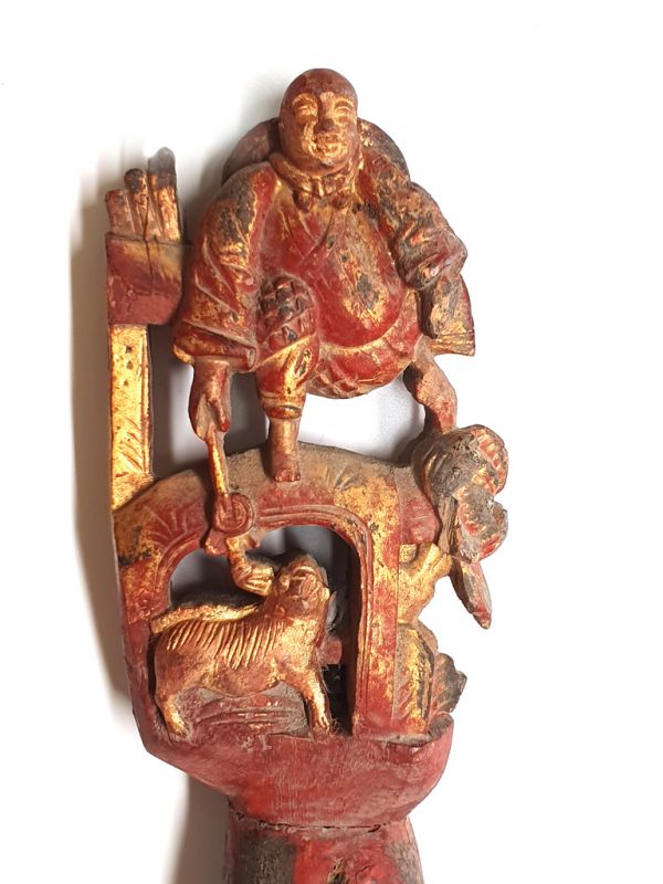 Cepillo de madera chino antiguo - Dinastía Qing - El monje y su perro 5