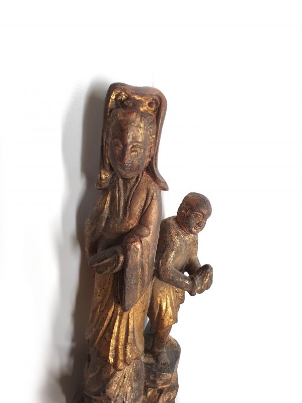 Cepillo de madera chino antiguo - Dinastía Qing - La diosa y el niño 3