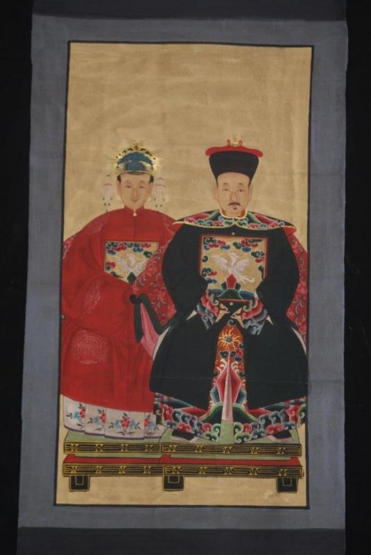 Chinese ancestors couple Painting from China Red and Navy Blue 1
