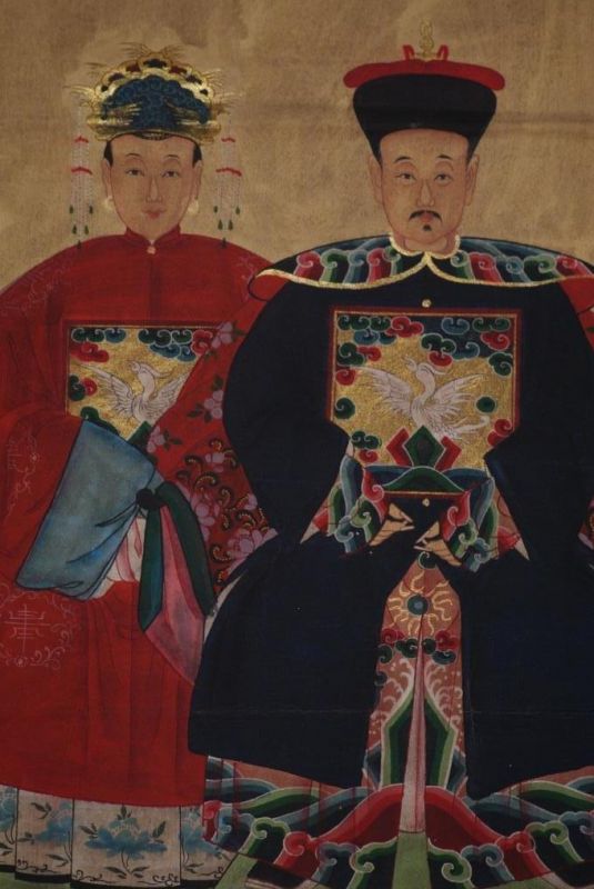 Chinese ancestors couple Painting from China Red and Navy Blue 2