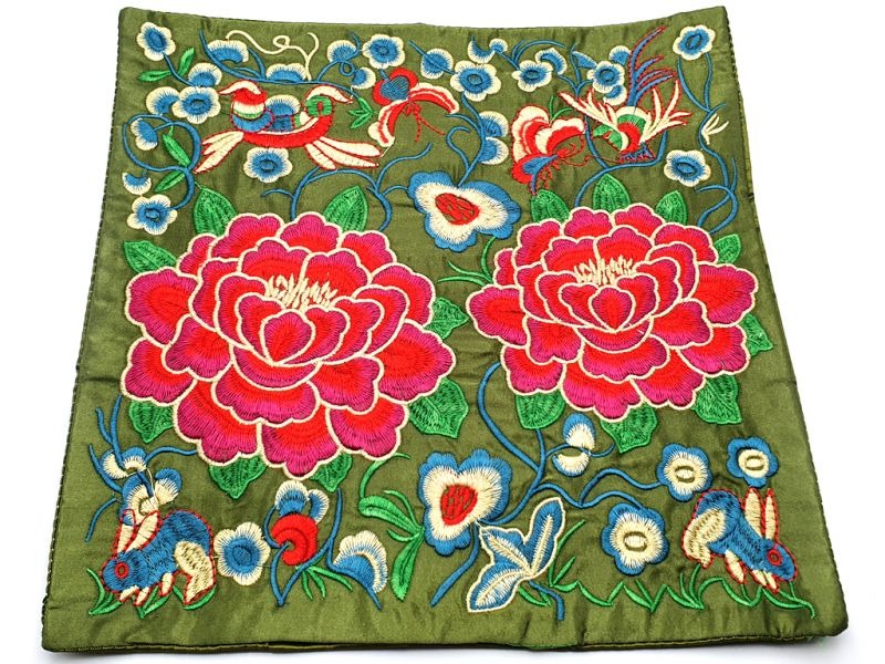 Chinese Embroidery - Square Ancestor - Emblem - Green - Peony 1