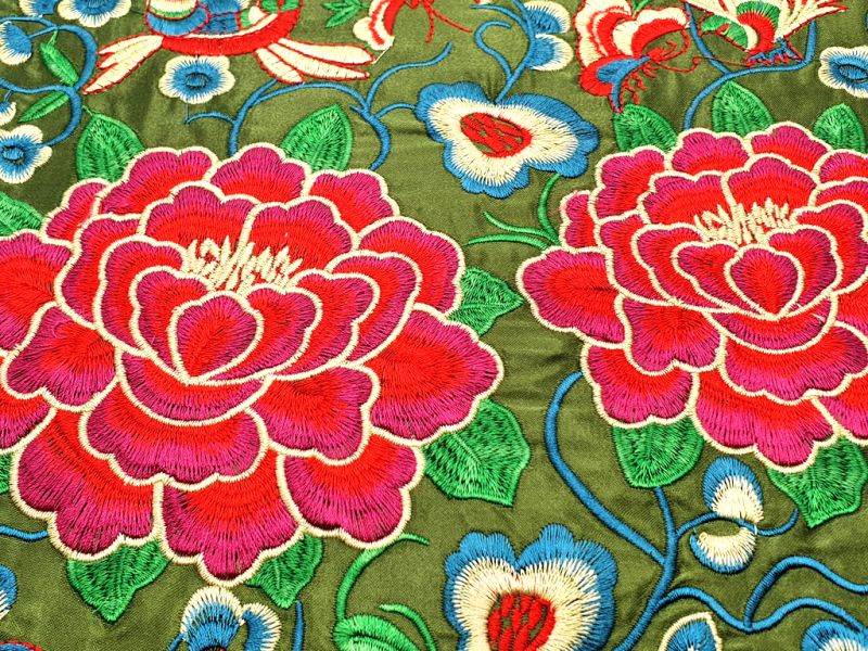 Chinese Embroidery - Square Ancestor - Emblem - Green - Peony 2