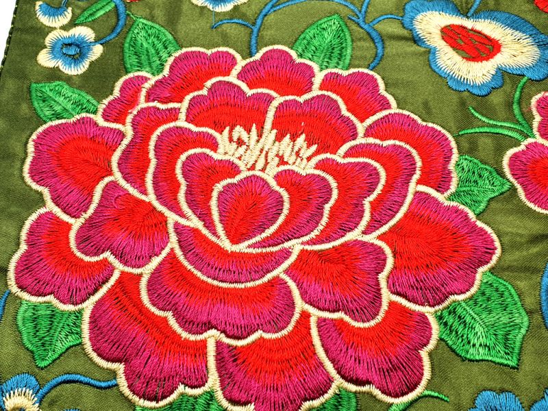 Chinese Embroidery - Square Ancestor - Emblem - Green - Peony 3