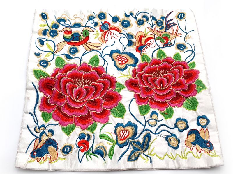 Chinese Embroidery - Square Ancestor - Emblem - White - Peony 1