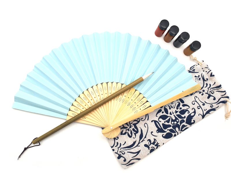 Chinese Hand Fan to paint - Adult - Chinese calligraphy - DIY - Sky blue 1