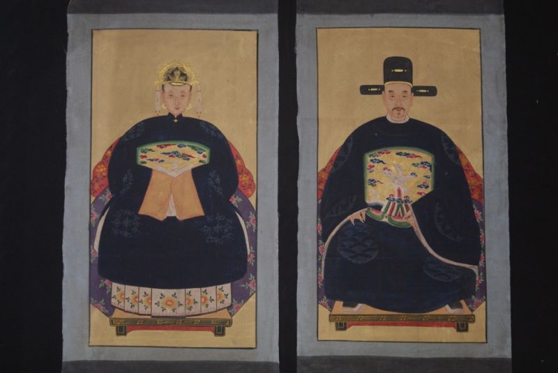 Chinese Ming ancestors couple Painting from China Blue 1