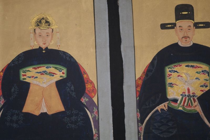 Chinese Ming ancestors couple Painting from China Blue 2