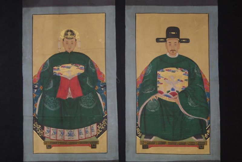 Chinese Ming ancestors couple Painting from China Green 1