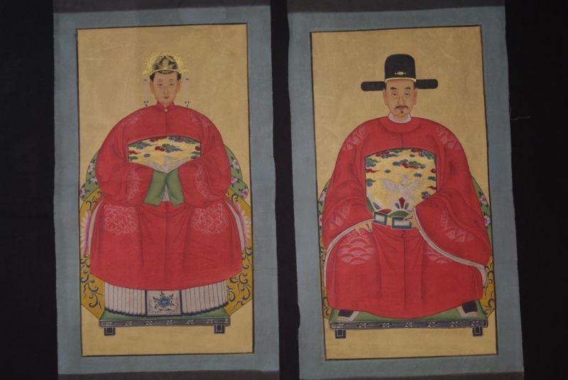 Chinese Ming ancestors couple Painting from China Red 1
