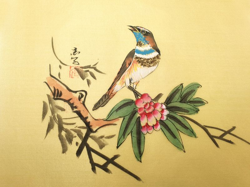 Chinese Painting on silk to frame - The bird on the flower 2