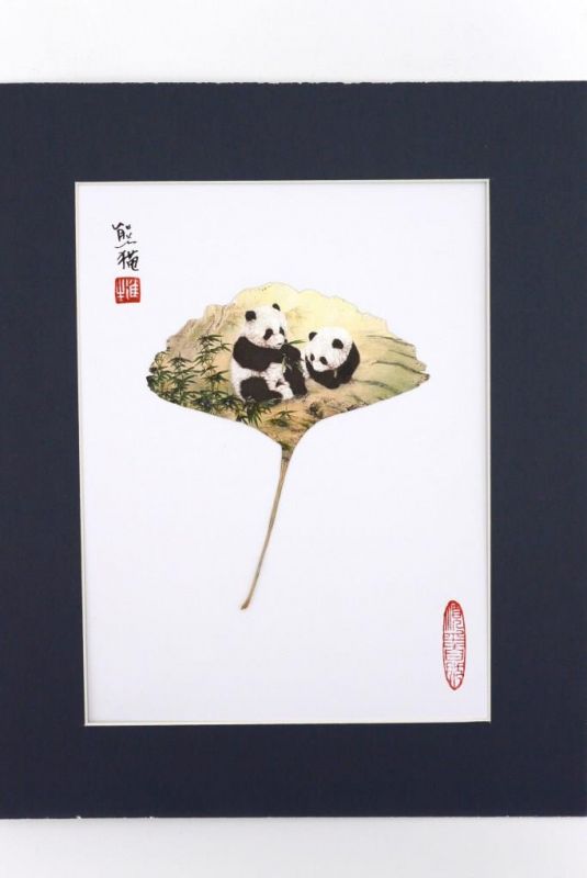 Chinese painting on tree leaf - 2 Pandas 1