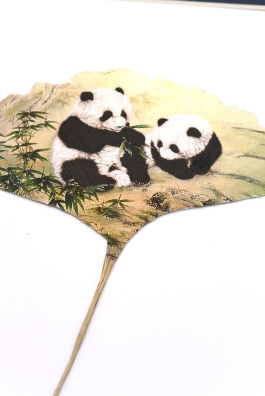 Chinese painting on tree leaf - 2 Pandas 3