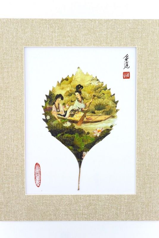 Chinese painting on tree leaf - Ladies on a boat 1