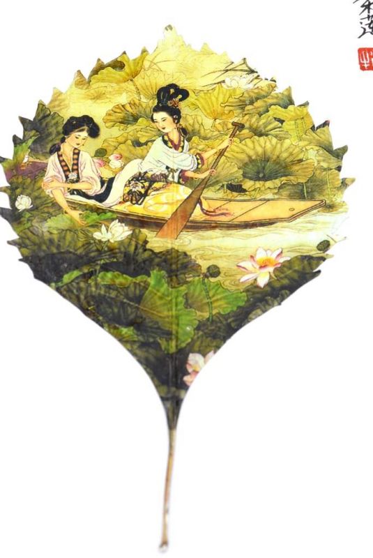 Chinese painting on tree leaf - Ladies on a boat 2