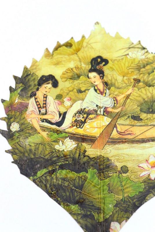 Chinese painting on tree leaf - Ladies on a boat 3