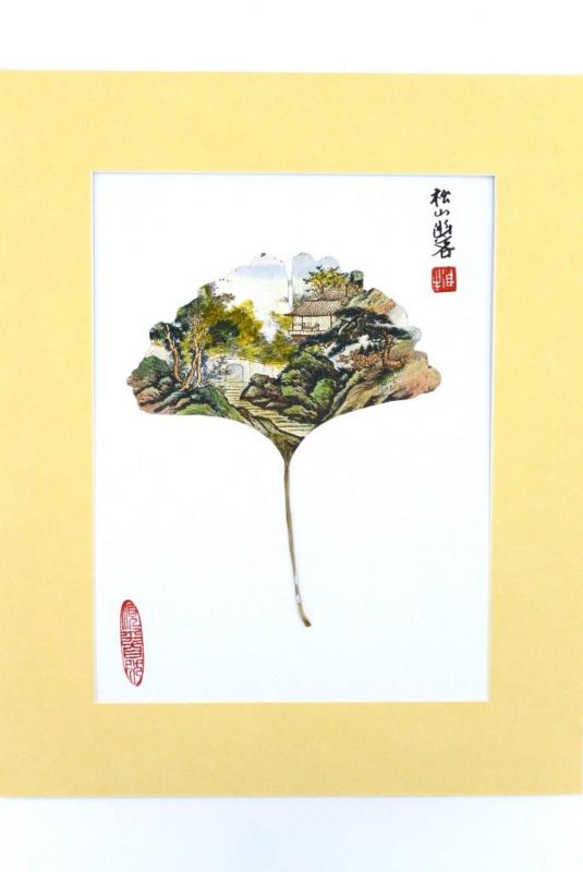 Chinese painting on tree leaf - Small Chinese village 1